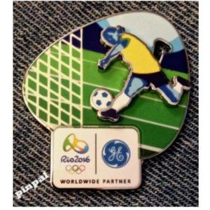 Soccer Olympic Lapel Pin ~ Football ~ 2016 RIO Logo ~ Slider ~ 3D ~ Sponsor GE